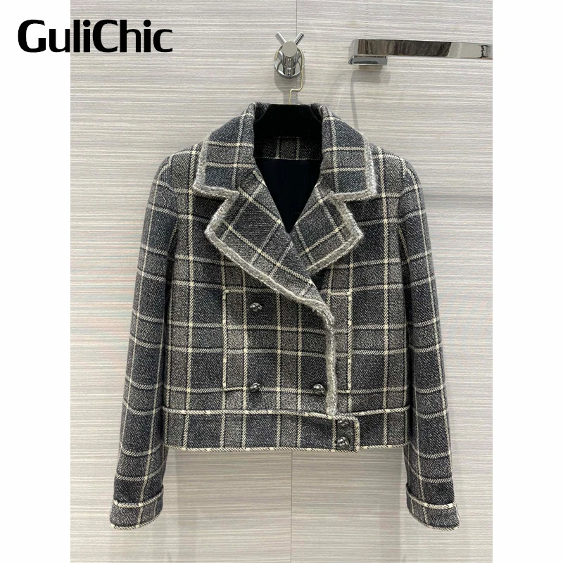 

8.18 GuliChic Women Vintage Temperament Double Breasted Long Sleeve Plaid Tweed Short Jacket