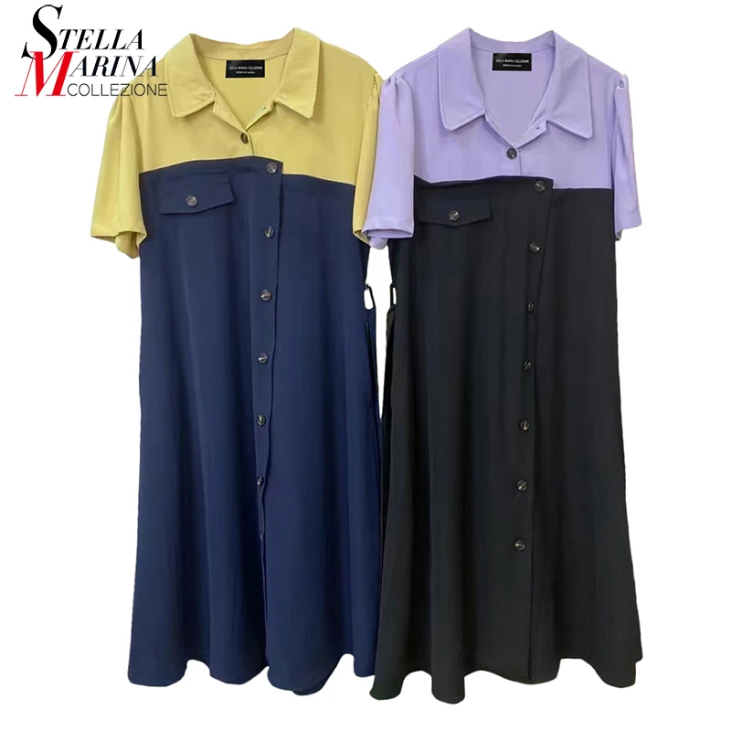 

Korean Style Woman Short-Sleeve Patchwork Straight Long Shirt Dress Big Size Loose Holiday Large Robe Unique Streetwear MJU1030