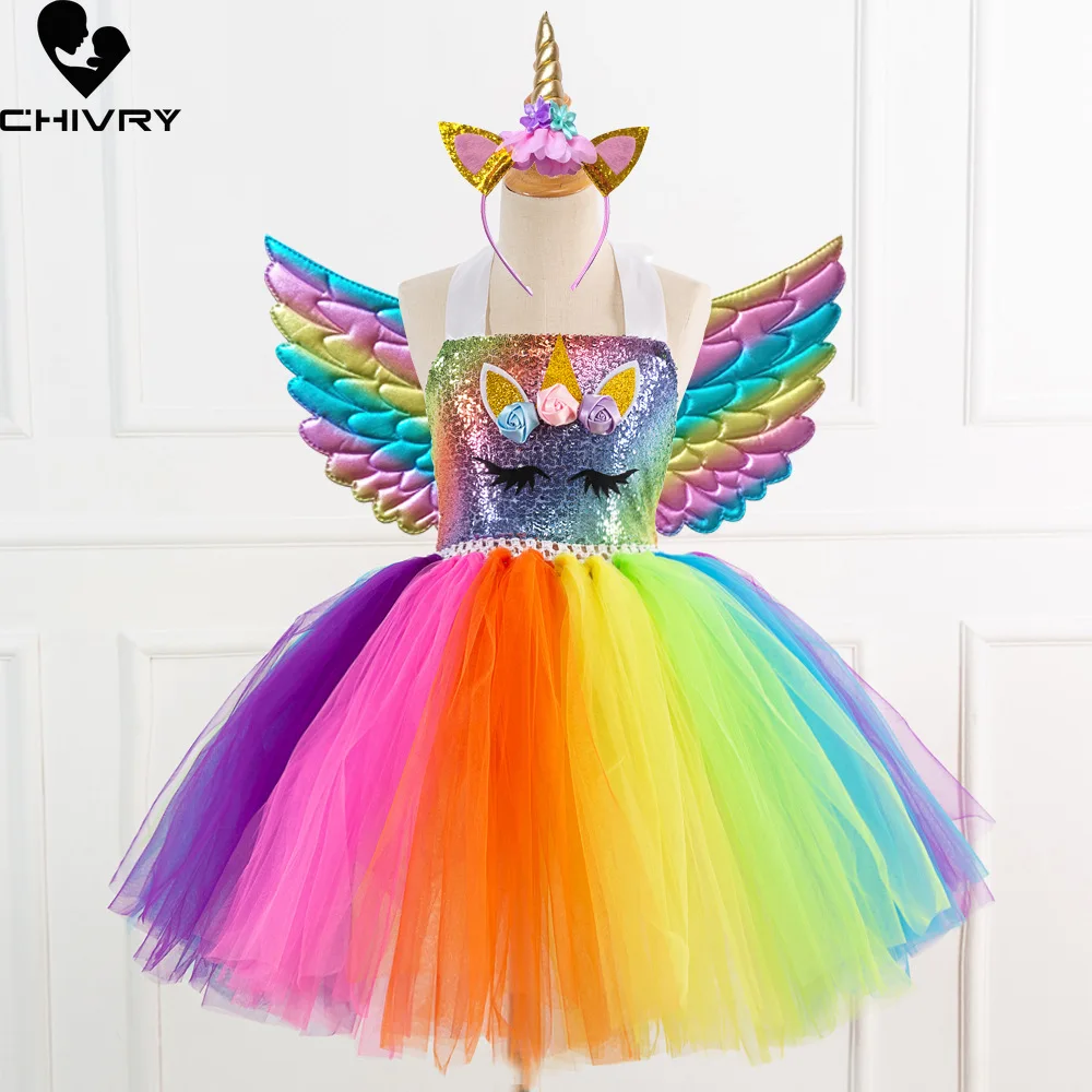 

Girls Dresses Kids Girl Rainbow Sequin Gauze Cartoon Unicorn Cosplay Puffy Performance Princess Dress with Wing Headwear