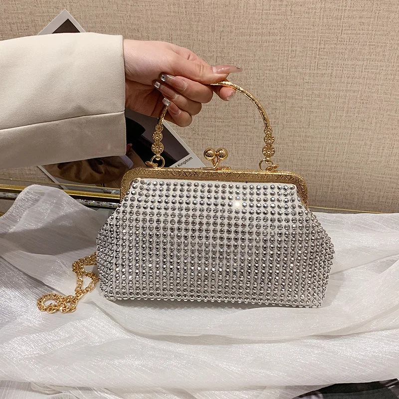 Luxury High-quality Diamonds Bag Women's 2022 Summer New Hand-held Purse Ladies Shell Bright Chain PU  Leather Messenger Handbag