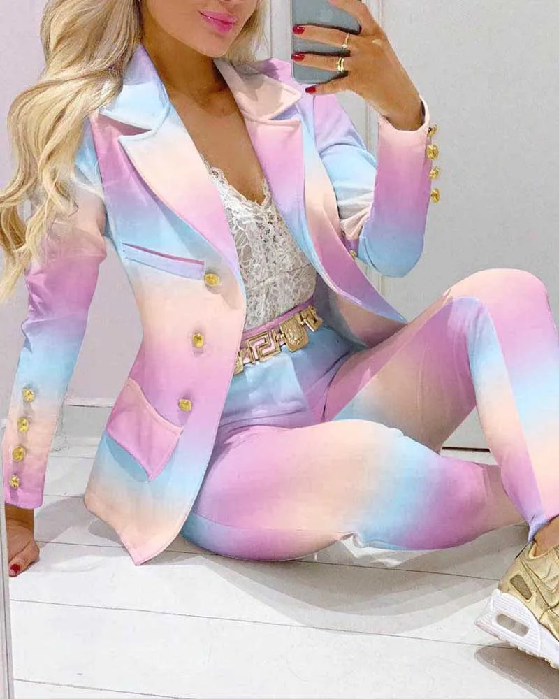 

Two Piece Set Women Clothes For Ladies Outfits Lapel Collar Double Breasted Blazer Suit Pants Set Tiger Head Print Suit