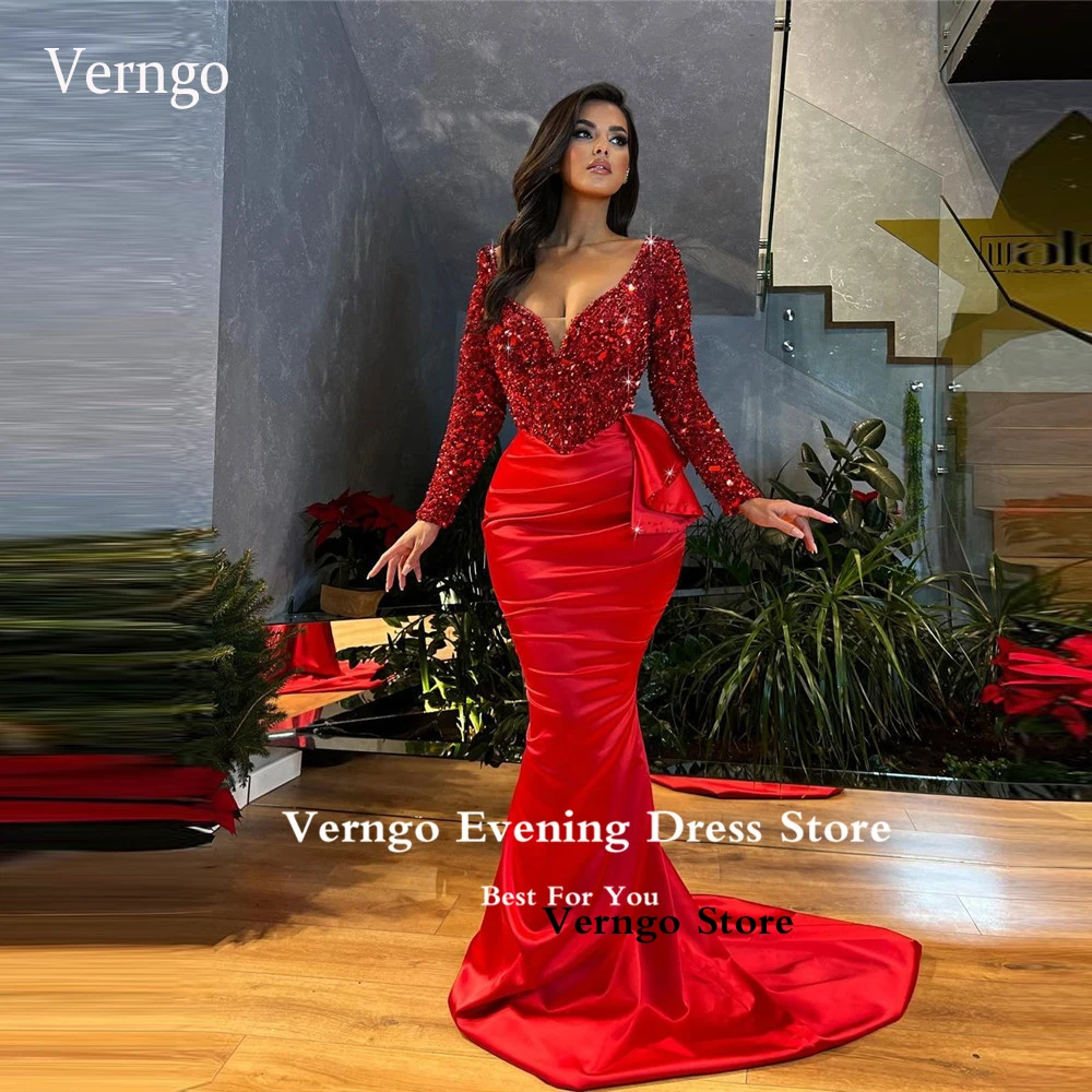 

Verngo Sparkly Dark Red Sequin Satin Mermaid Evening Dresses Long Sleeves V Neck Pleats Dubai Women Celebrity Party Prom Gowns
