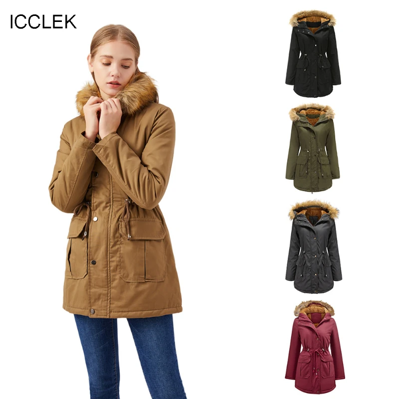 ICCLEK New European plush cotton padded jacket, hooded, wool collar, winter warm jacket, large women's cotton padded jacket