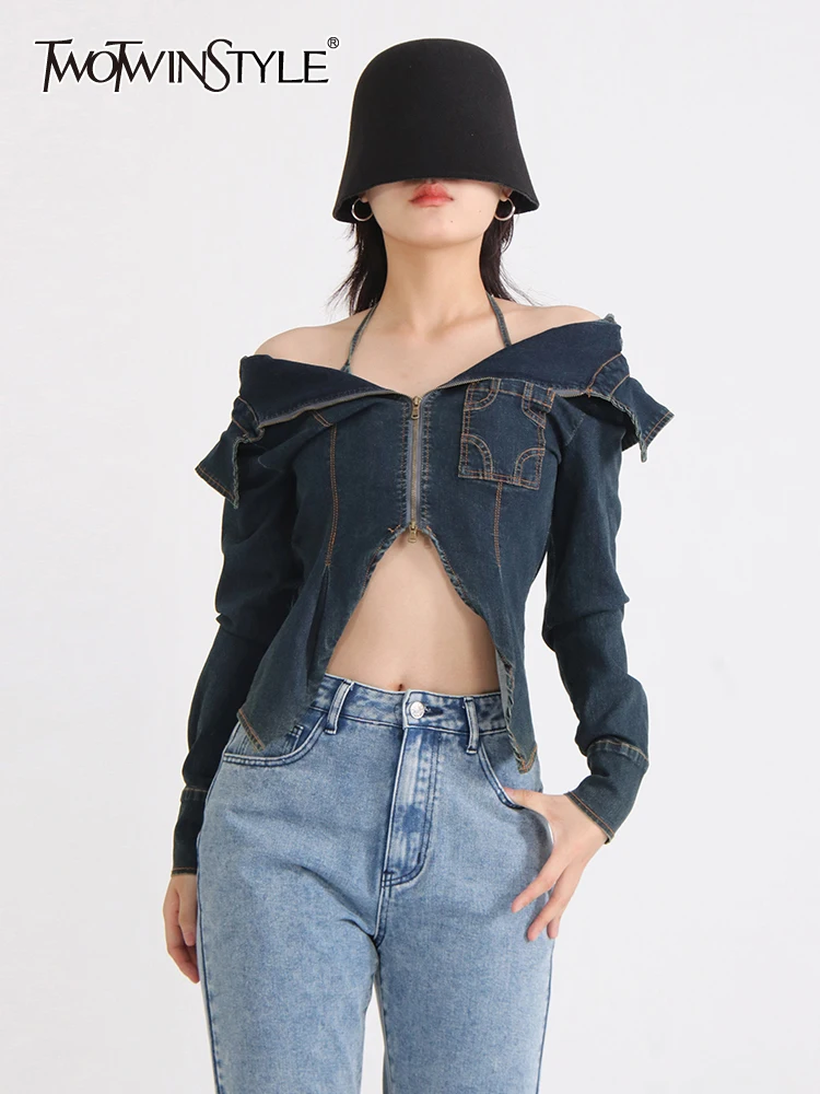 

TWOTWINSTYLE Solid Chic Two Piece Sets For Women Halter Sleeveless Vest Lapel Long Sleeve Tunic Slimming Coat Denim Set Female