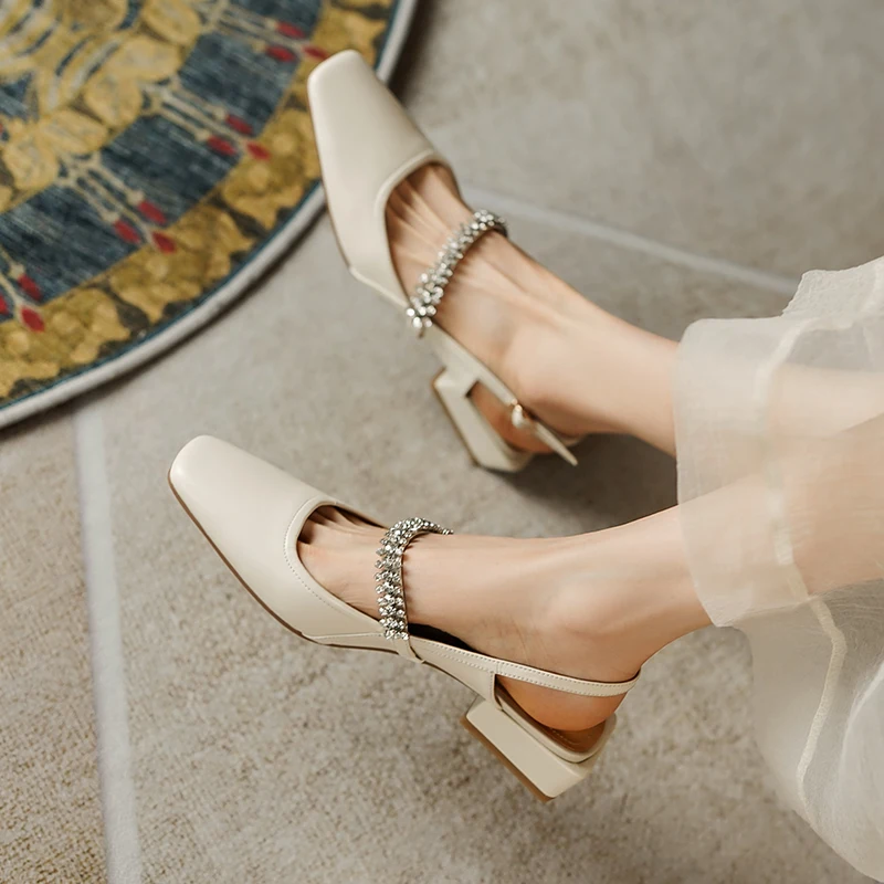 

2022 NEW Spring Genuine Leather Women shoes Pumps Square Toe Thick Heel Metal Chain Woman Shoes Zapatos De Mujer Heels for Women