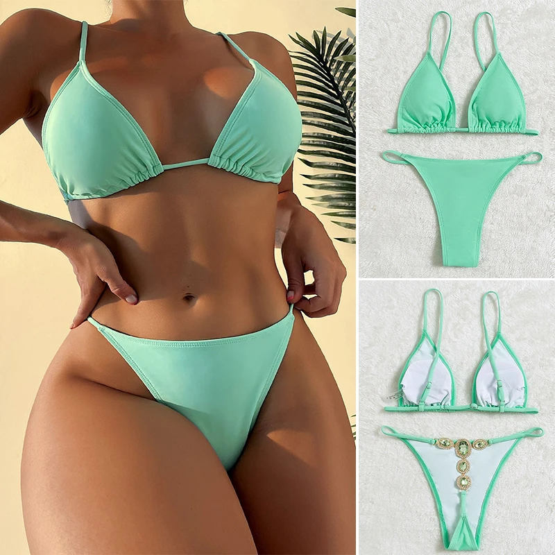 

2022 Sexy Rhinestone Bikinis Solid Color Swimsuit Women Push Up Beach Bikini Swimwear Women Bathing Suit