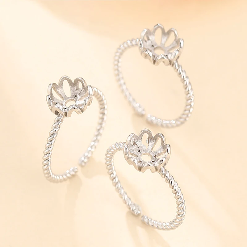 7x7mm S925 Sterling Silver Adjustable Blank Flower Ring Base For Cabochons Cameo Ring Jewelry Findings Making Accessories