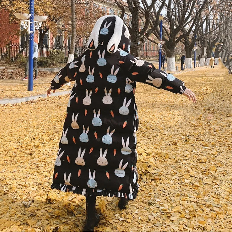 Women's New Over-the-knee Korean Loose Mid-length Thick Fishtail Cotton-padded Jacket Cute Rabbit Ears Cotton-padded Jacket