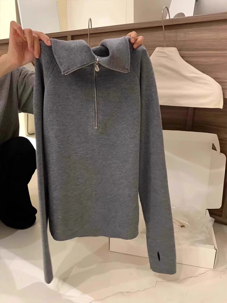 Gray Half Zipper Turtleneck Knitted Bottoming Shirt Women Winter Inner wear Design Sense Slim fit Sweater Long sleeve Fleece Top