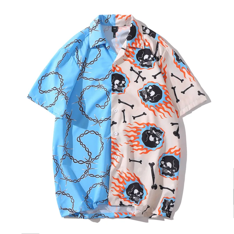

Summer New Men Patchwork Vintage Shirt Hawaiian Short Sleeve Shirt Mens Casual Skull Stripe Print Beach Shirts Camisas De Hombre