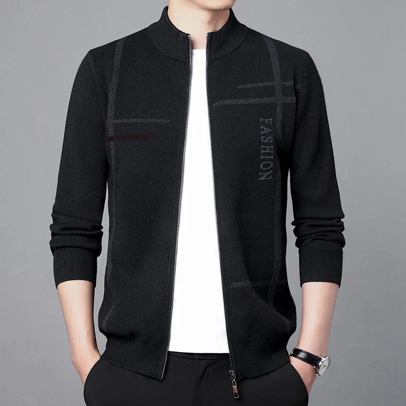 

Autumn and Winter New Men's Sweater Coat Plaid Knitted Cardigan Outerwear Stand Collar Top Casual Sweater Coat for Men