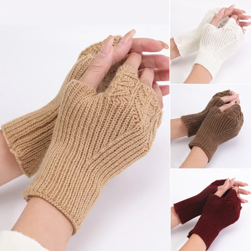 

Women Half Finger Gloves Winter Warmer Wool Knitting Fingerless Gloves Solid Color Lady Hands Protection Outdoor Cycling Gloves