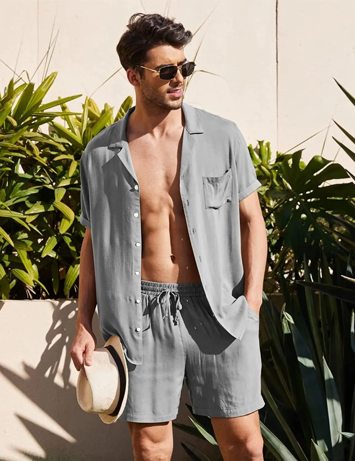 Summer Cotton Linen Shirt Set Men's Outdoor Casual 2 Piece Set and Homewear Pajamas Comfortable Breathable Beach Short Sleeve Se