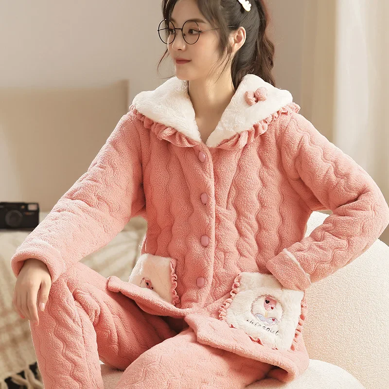 

Three-layer Thickened Winter Coral Fleece Plus Velvet Pajamas for Women's Warm Quilted New Flannel Winter Home Service Nightwear