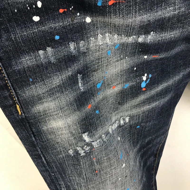 Street Fashion Men Jeans Retro Blue Elastic Slim Ripped Jeans Men Stretch Trousers Painted Designer Hip Hop Brand Pants Hombre