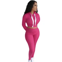 autumn sporty two piece set for women matching sets long sleeve hooded crop toppants sets knitted ribbed casual fitness outfits