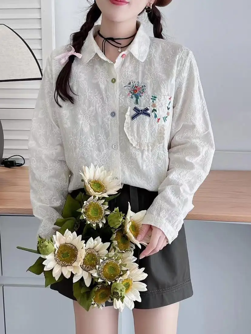 Новая осенняя хлопковая рубашка с длинными рукавами женские топы вышивкой на