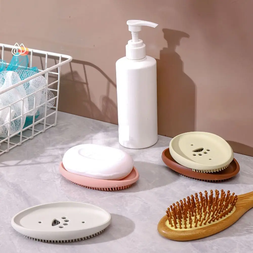 

2PCS Double-layer Silicone Soap Dish With Drain Container Soap Saver Bathroom Shower Soap Holder Case With Brush