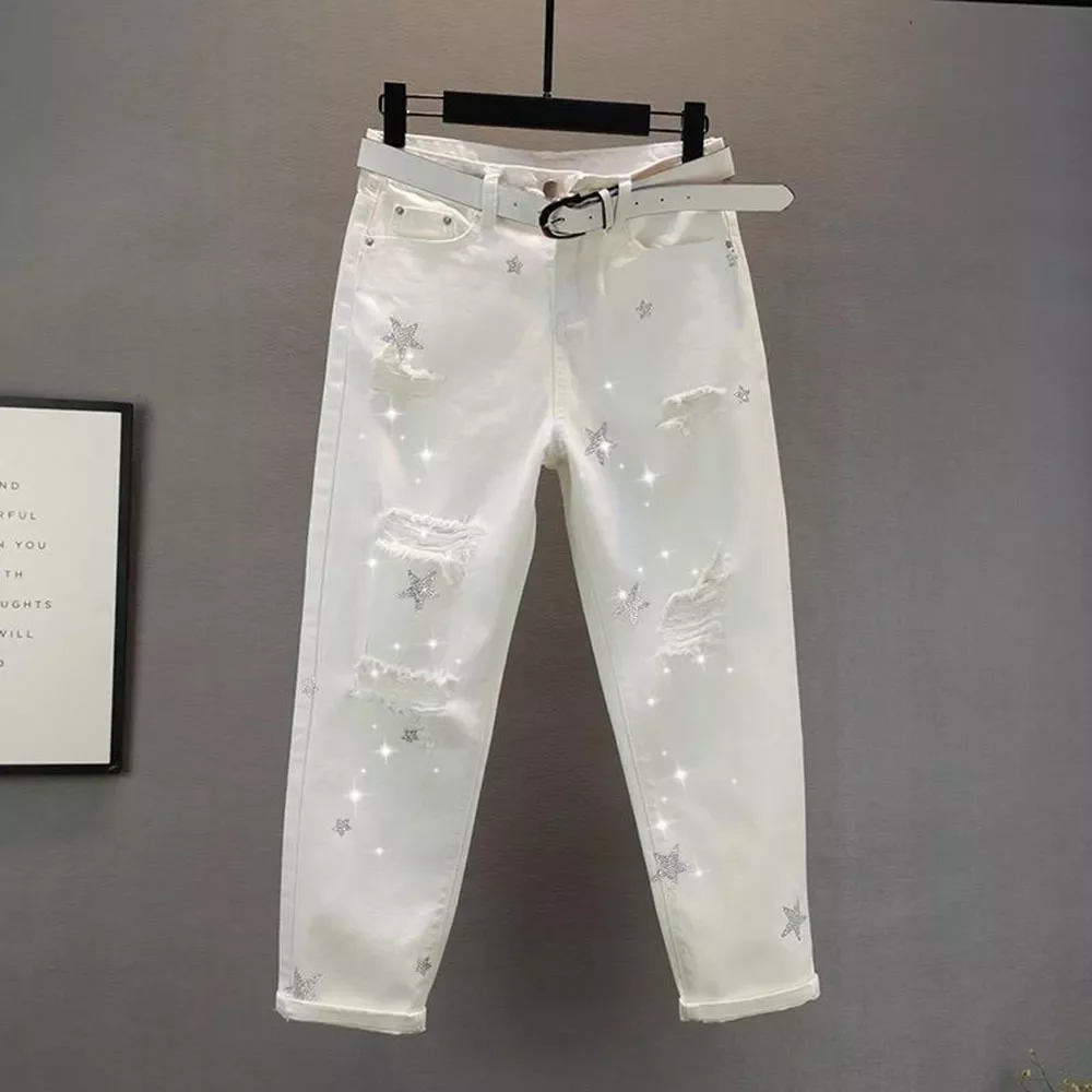 

White Black Hole Summer Thin Baggy Jeans Women Streetwear Harajuku Pants Denim Trousers Plus Size Hot Drilling Pantalones Mujer