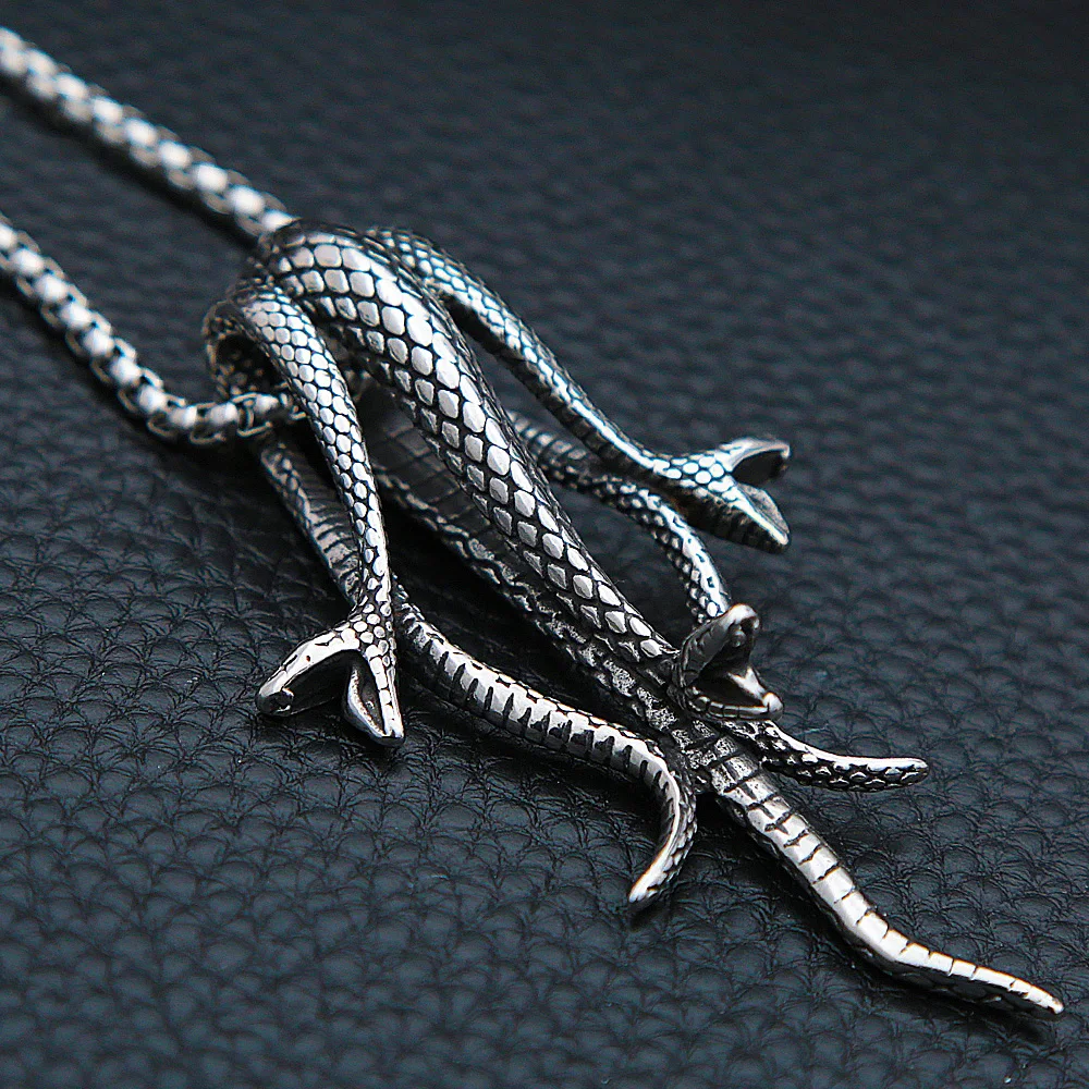 

Men Vintage Three Headed Snake Pendant Necklace Stainless Steel Punk Biker Long Snake Necklace Men Women Fashion Jewelry Gift