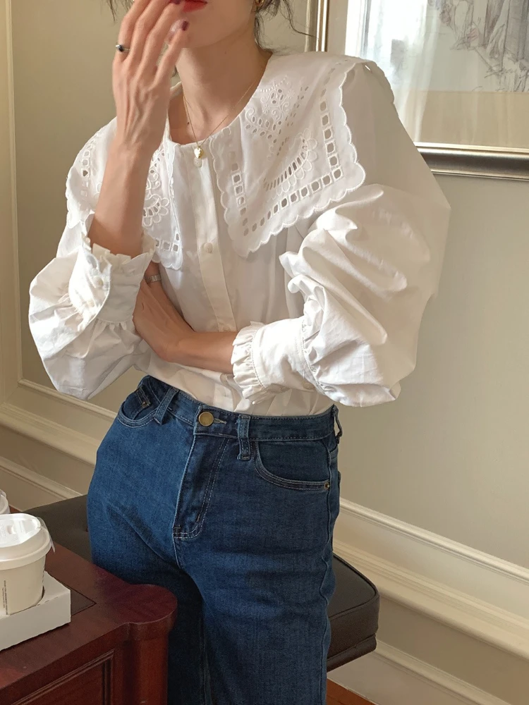

Korean Chic Early Spring French Hollow Embroidery Large Lapel Single-breasted Fashion Age-reducing White Shirt Women's Inner Top