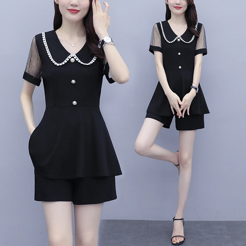 

Women' Casual Fashion Suit 2022 Summer New Korean Mesh Short Sleeve Top+ Shorts Office Two Piece Clothingshorts sets