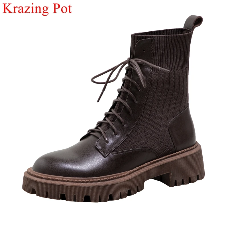 

Krazing Pot 2022 cow leather high heels round toe stretch boots warm winter shoes lace up party mature vintage solid ankle boots