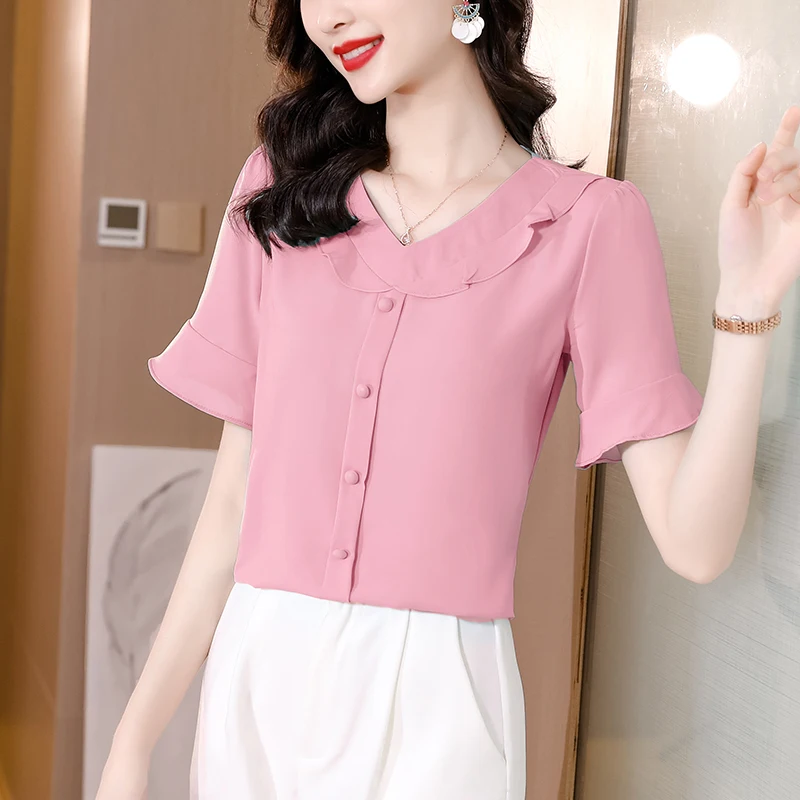 

2022 Summer New Design Chiffon Women Shirts Solid Ruffled Flare Sleeve Single Breasted Blouses Dropshipping