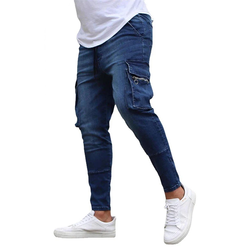 Men's Cargo Jeans Men Slim-Fit Hip Hop Ripped Jeans Man Casual Pencil Denim Long Pants Fashion Streetwear Skinny Jeans Male