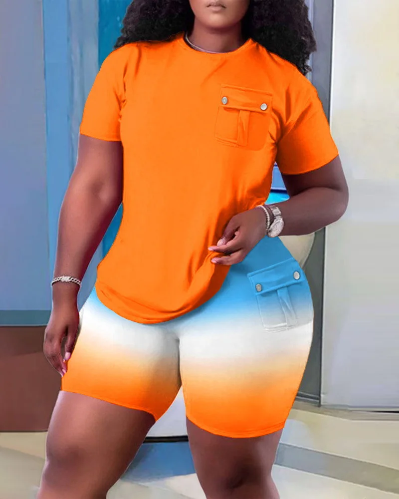 

Комплект из двух предметов Женский, Модный пригородный топ с круглым вырезом и короткими рукавами, с принтом и карманами, с украшением, комплект из двух предметов, на лето