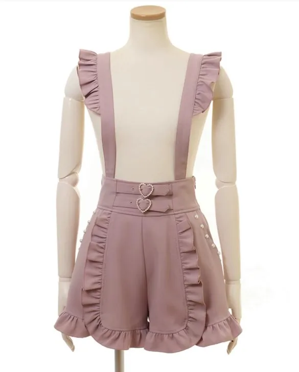 Sweet Fashion Shorts Ladies 2023 Summer Short Pants New Elegant Lolita Lace-up Heart Bucket Multi-Purpose Suspender Shorts Women