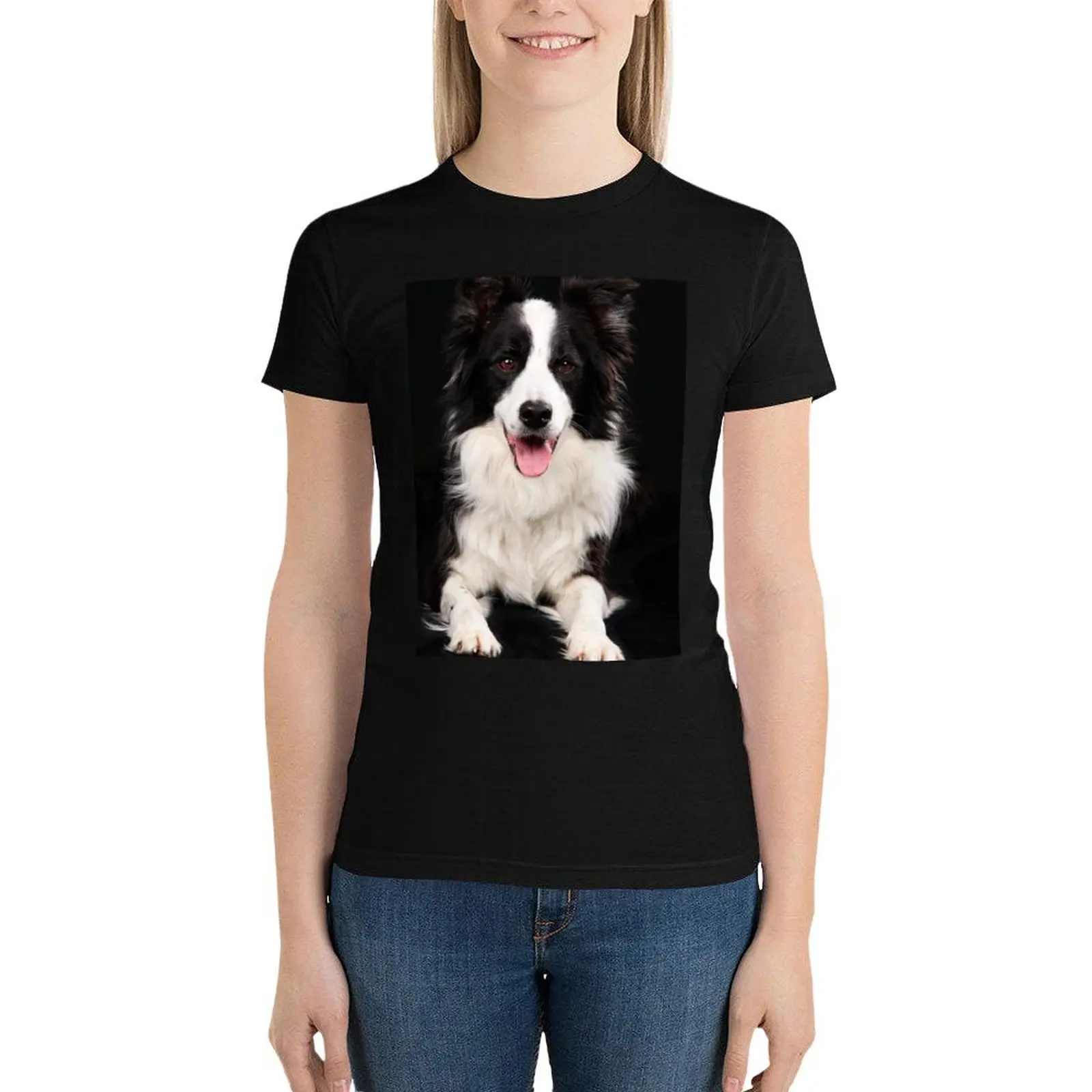 Черно-белая футболка с рисунком бордюра колли рубашка животным принтом для