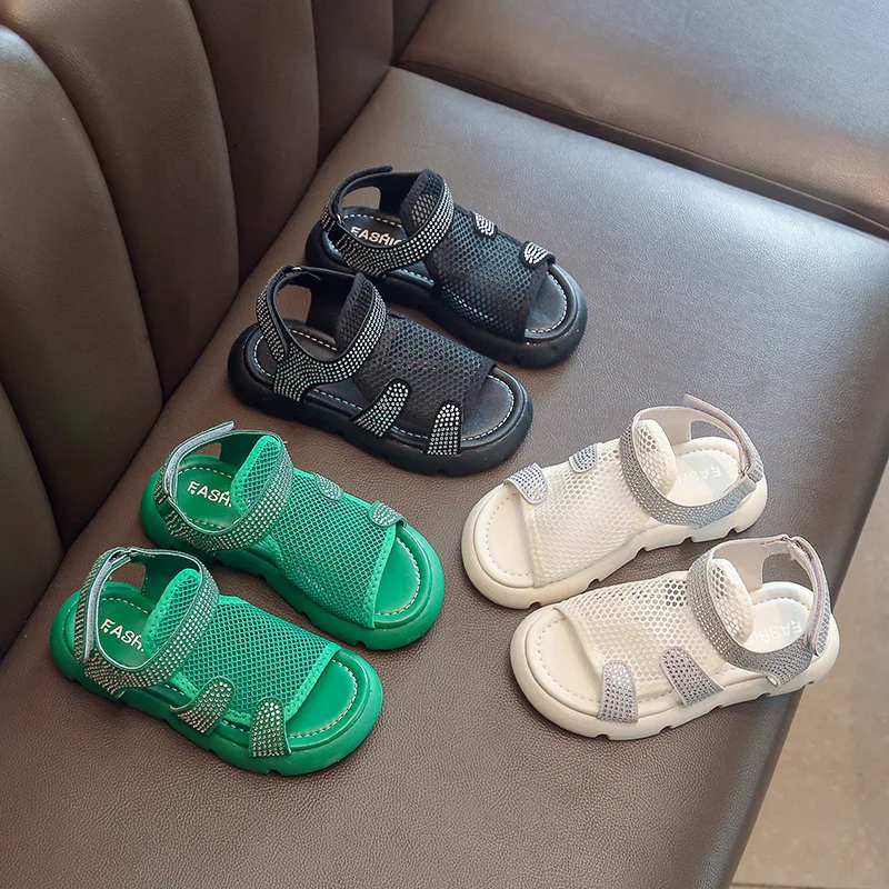 

Girls Sport Sandals 2022 Summer Fashion New Mesh Breathable Hollow Rhinestone Kids Light Open-toe Mesh Crystal Shoes
