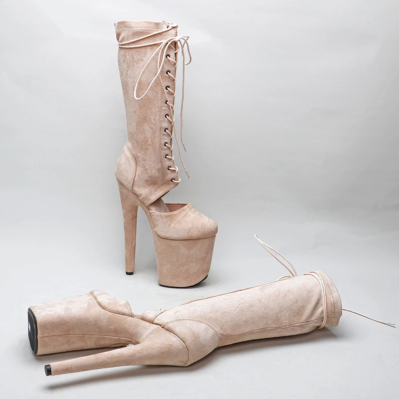 Leecabe Beige Suede 20CM/8inches Pole dancing High Heel platform Boots closed toe Pole Dance boots