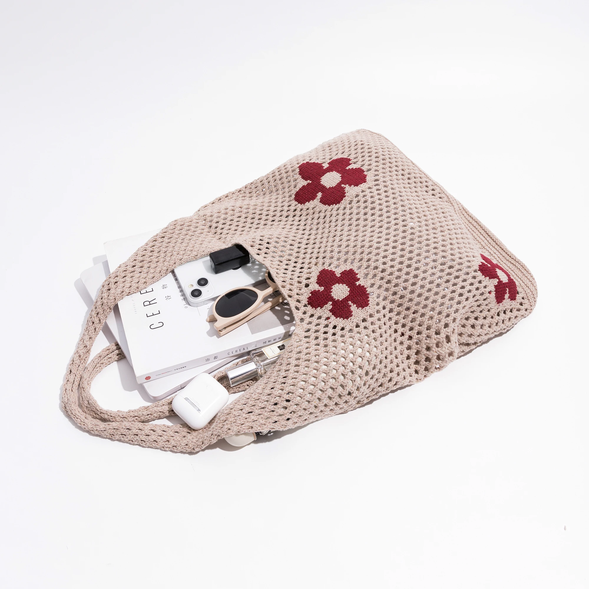 KOKOPEAS Knitting Printing Soft Shoulder Bag Hollow out Shopping Tote Bag Cute Young Girl Handbag Large Capacity Bag For Women