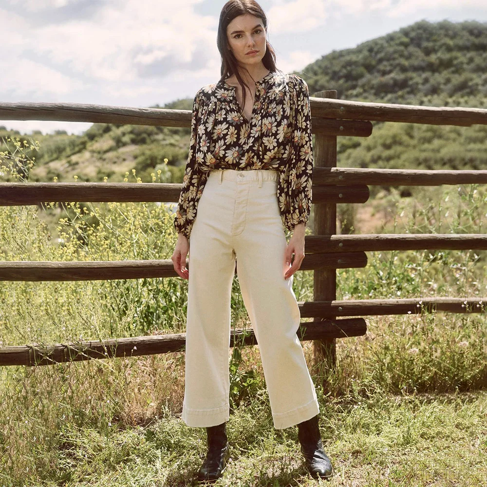 

TG pure silk daisy loose shirt Australian niche design summer vintage long sleeve round neck sun flower print peplum loose shirt
