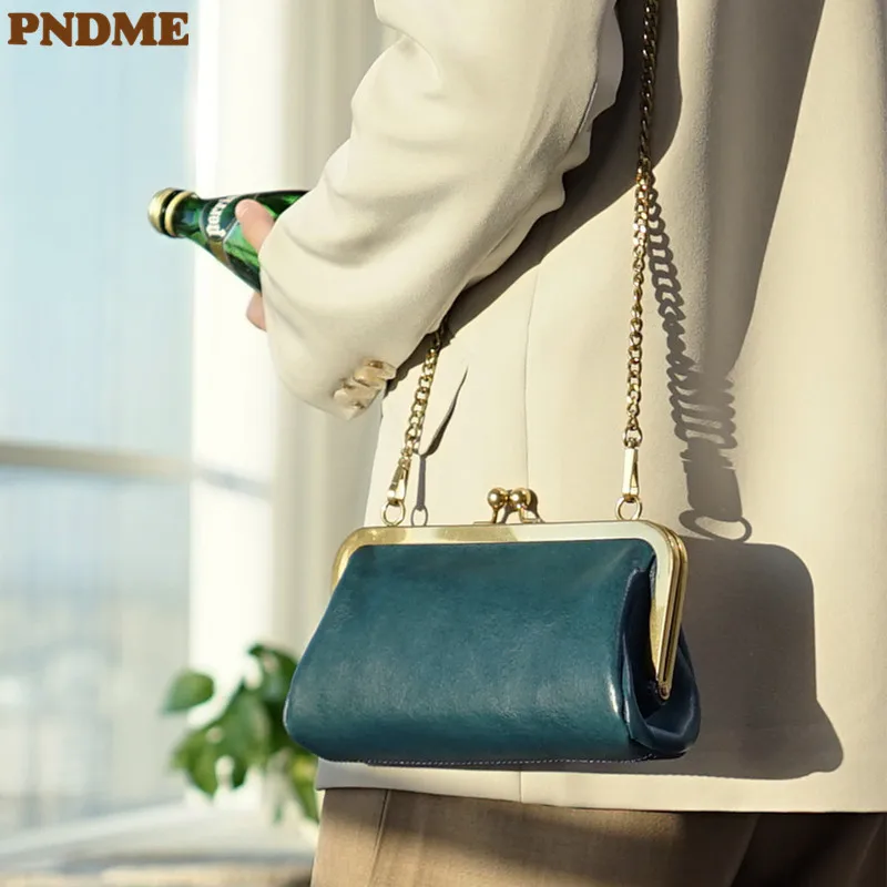 PNDME fashion luxury genuine leather ladies chain shoulder crossbody bag organizer designer cowhide women weekend party satchel