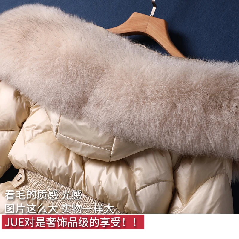 High Fashion Design Down Jacket Women New Fox Fur Thin 90% White Duck Down Long Coat Women Autumn/Winter Hooded High Street