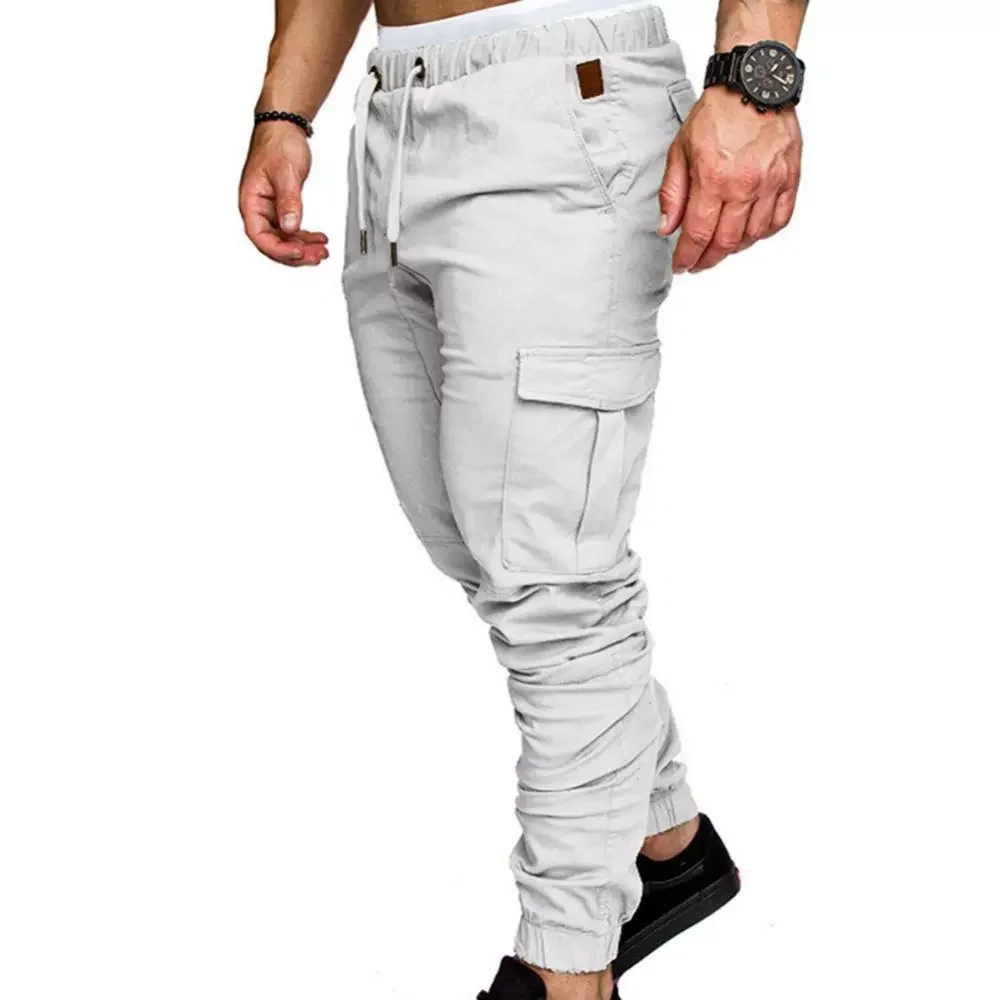 

Waist Drawstring Ankle Tied Skinny Cargo Pants Men Fitness Bodybuilding Gyms Pants Sweatpants Casual Solid Color Pockets