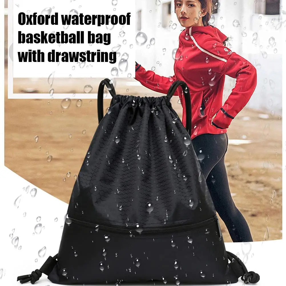 

Drawstring Backpack Bag Waterproof Resistant String Bag Black Sports Gym Sack with Outside Zipper Pocket for Traveling Swimming