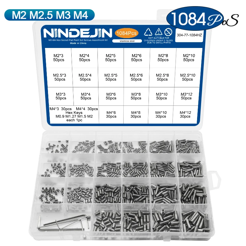 

NINDEJIN Набор винтов с плоской точкой из нержавеющей стали M2-M10 Набор установочных винтов без головки с шестигранной головкой и шестигранным ключом