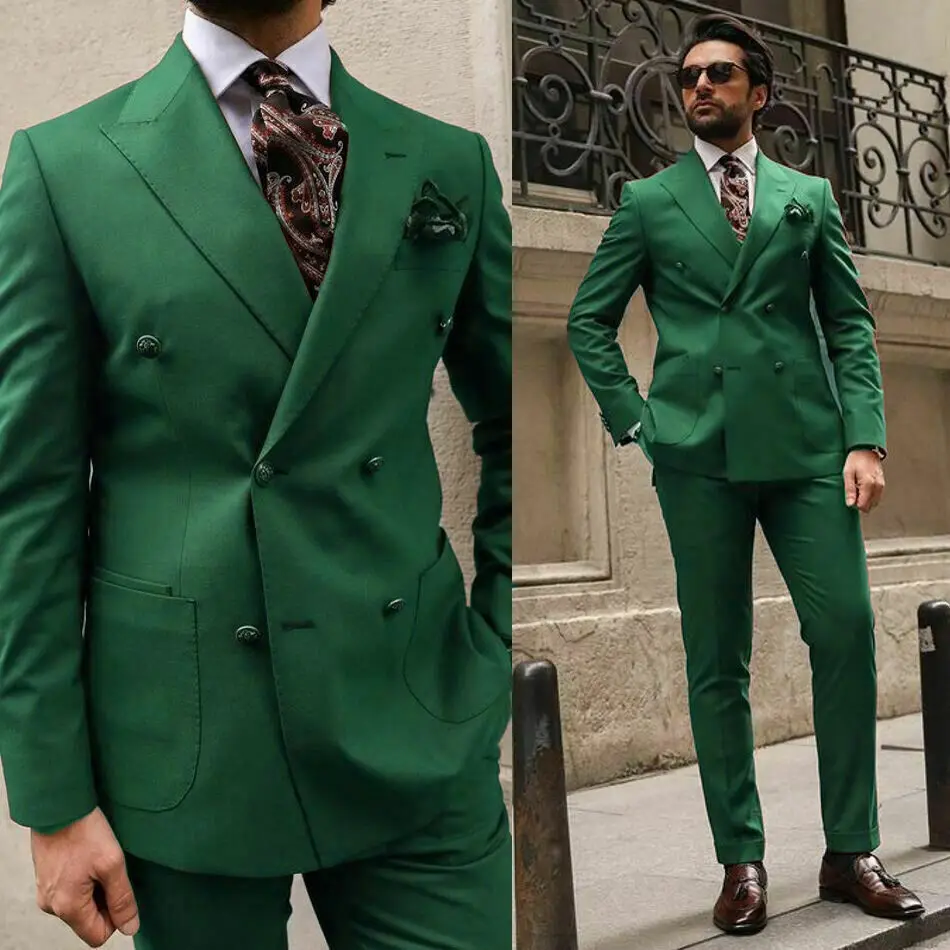 Green Men Suits Peak Lapel Double Breasted Business Groom Formal Tuxedos Blazer  Traje Americana Hombre