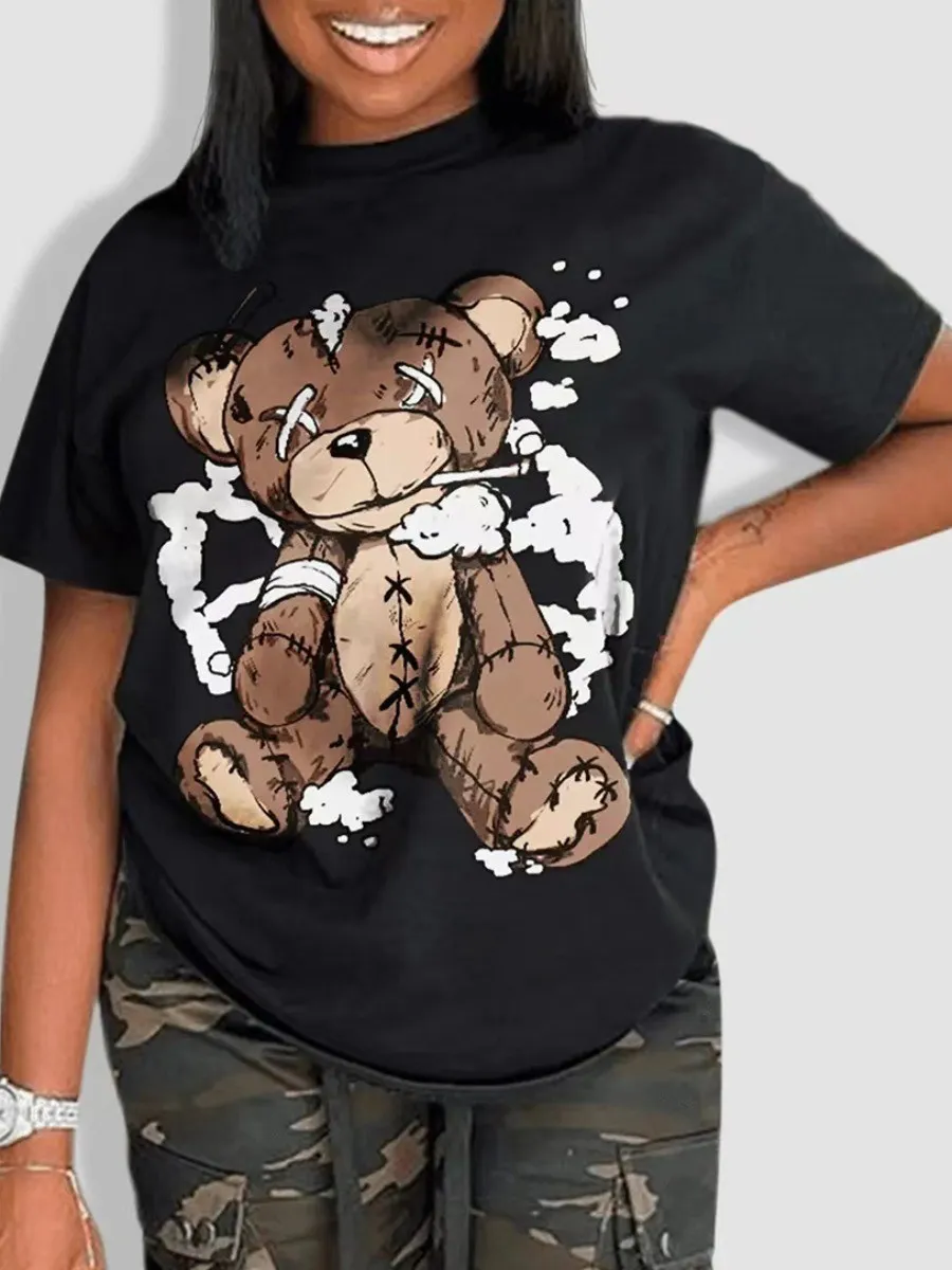 

LW 2022 New Women Cute COTTON Print T-shirt Round Neck Casual Short Sleeve Round Neck Classic Tops Birthdays Female Clothing