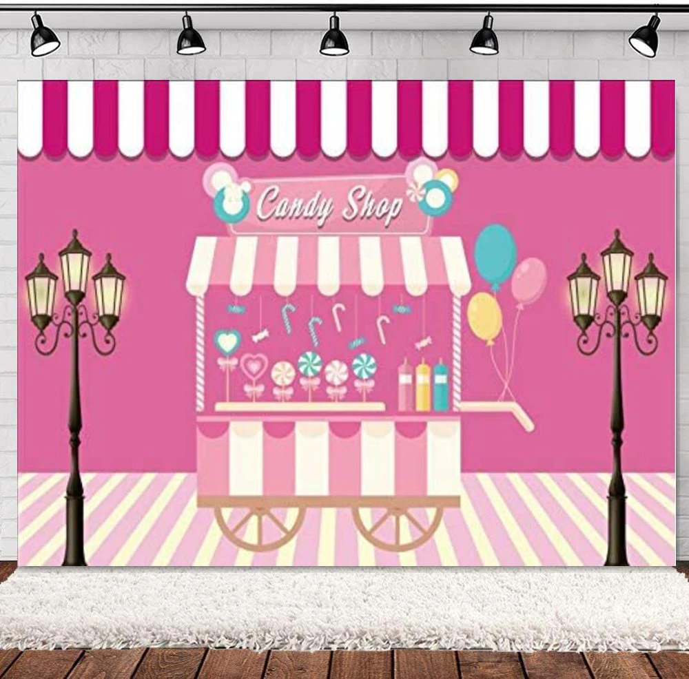 Фон для фотографий магазин конфет Милая тележка розовые и белые полосы шары
