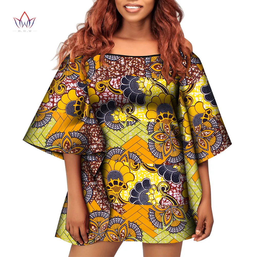 Bintarealwax Summer African Print Dress Women Flared Sleeve Off Shoulder Mini Dress African Clothing Plus Size Dresses WY9144