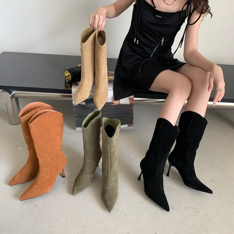 

Volledige Koe Suede Leer Vrouwen Knie-Hoge Laarzen Wees Teen Dunne Hakken Mode Beknopte Sexy Herfst Winter Party Schoenen Vrouw