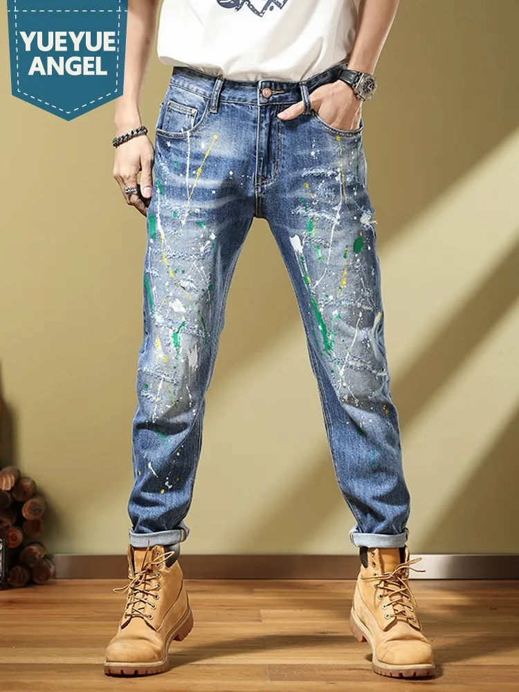 

Fashion Mens Stretchy Slim Fit Jeans Hole Ripped Printed Denim Pants Casual Long Trousers Sprign Autumn Cowboy Work Cargo Pants