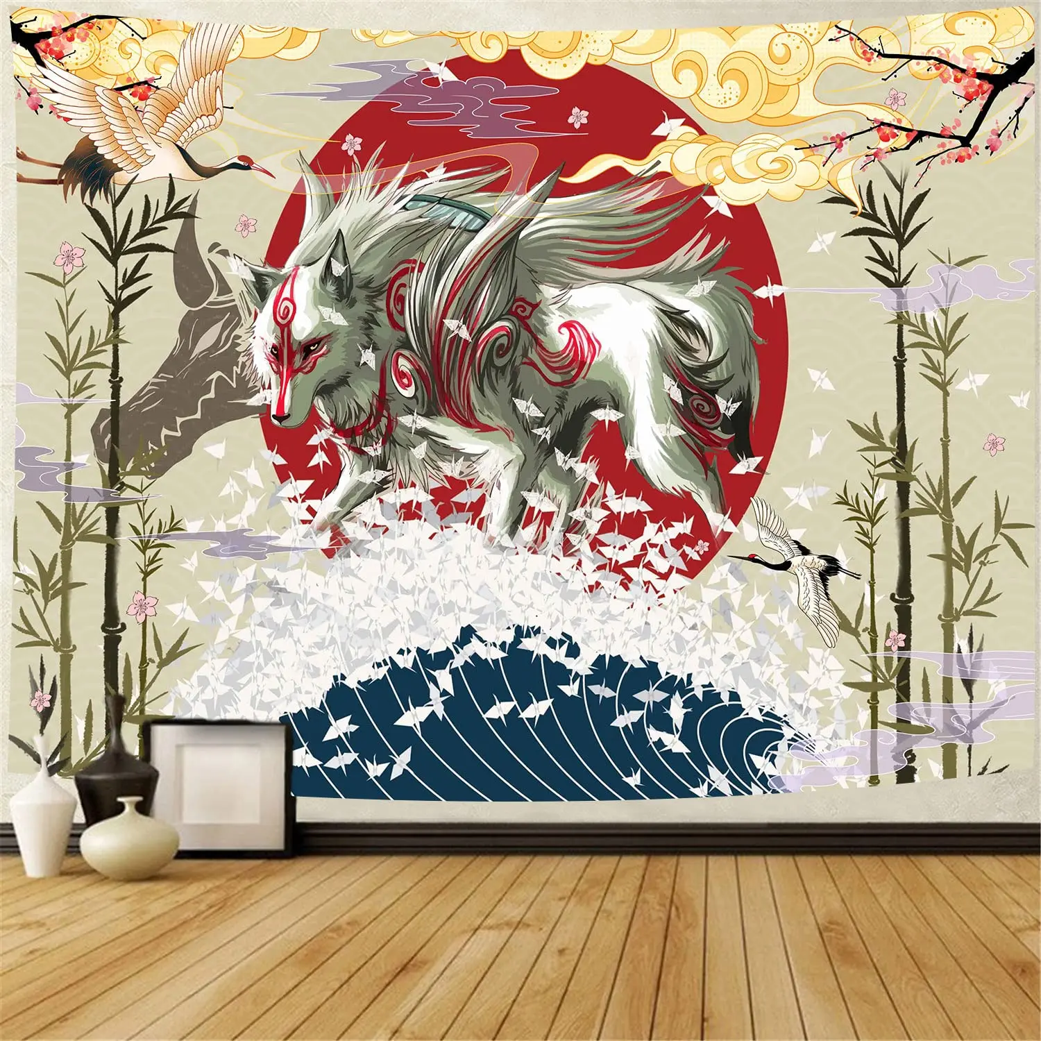 

Японский гобелен белый крутой волк Гора Fuji красное солнце гобелены укиё-э волны облака бамбук журавль Азиатский стиль искусство стены одеяла