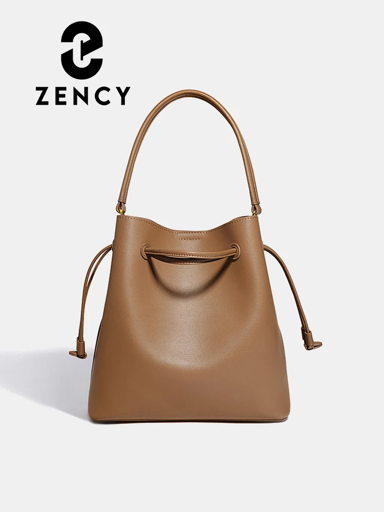 

Zency New Casual Women Shoulder Bag Black Brown Drawstring Opening Bucket Bag High Quality Cowhide Leather Crossbody Bag Girls
