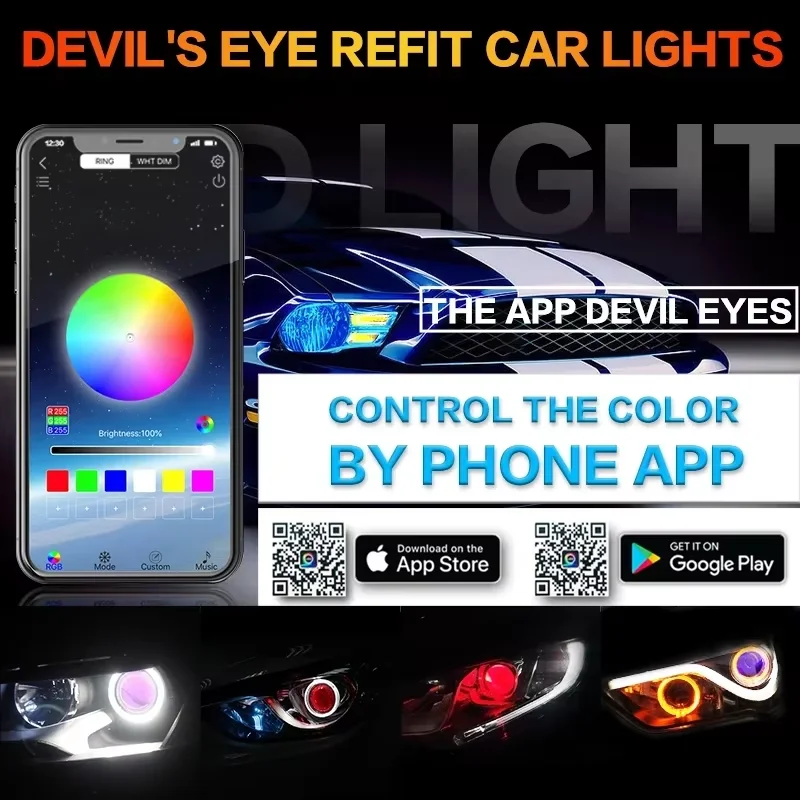 2 шт. Автомобильный светодиодный диявольский глаз Demon Evil Eyes DRL LED Aoto APP Control RGB 5 фары